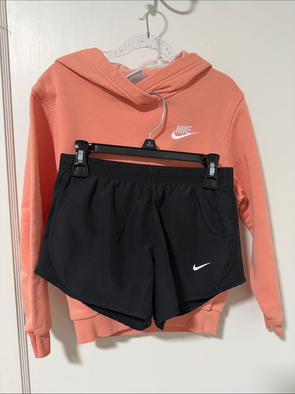 Nike Peach Hoodie with Black Nike Running Shorts Girls Size Small